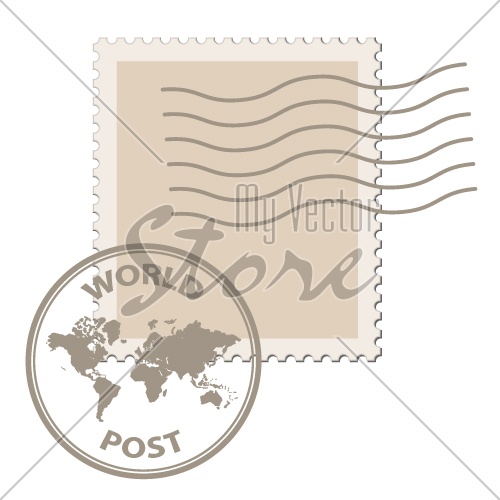 vector blank post stamp with world map postmark