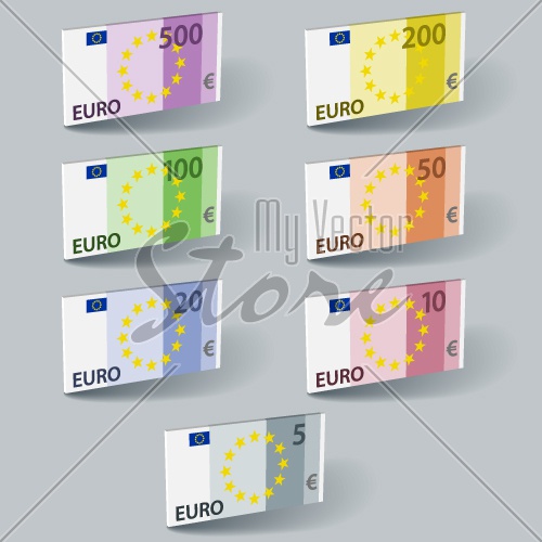 vector euro paper bill banknotes with shadows