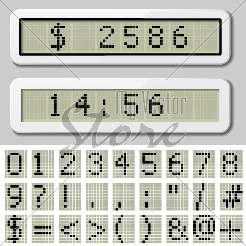 vector LCD display pixel font - number symbol characters