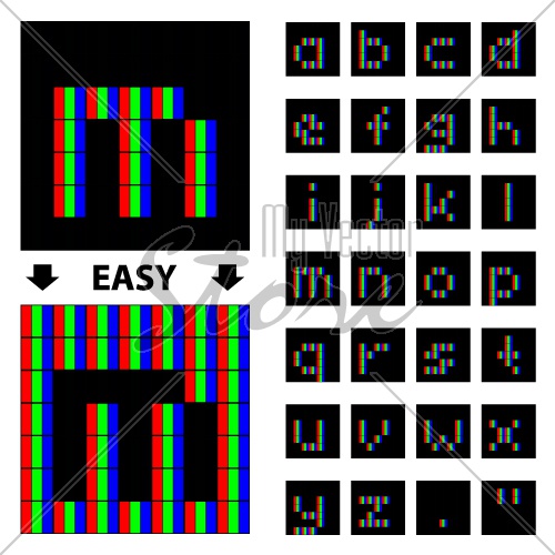 vector RGB pixel lower case font alphabet