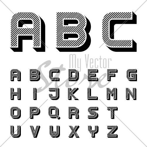 vector 3D black striped font alphabet letters
