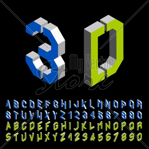 vector 3D stencil angular isometric font alphabet