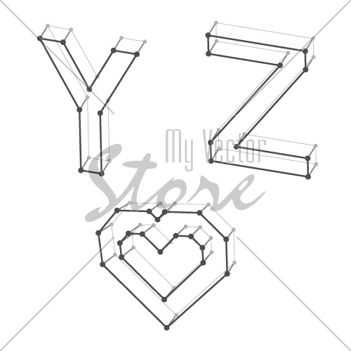 vector wireframe font alphabet letters Y Z heart