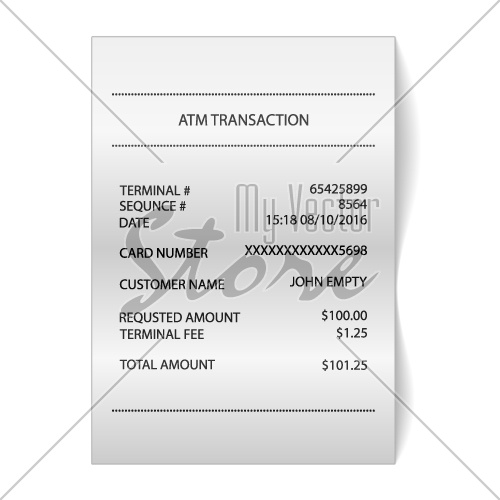 atm transaction printed paper receipt bill vector